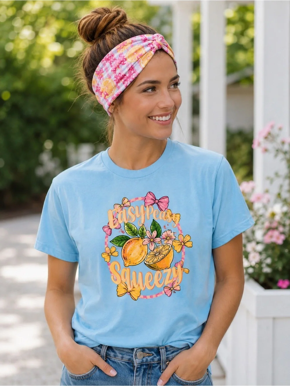 Easy Peasy Squeezy Lemon Graphic Tee Matching Headband Bundle Gildan Size Large